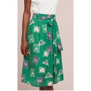 Anthropologie‎ Porridge Getaway Postage Stamp Printed Midi Skirt sz XS